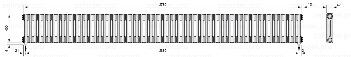 Схема (чертеж) Радиатор Zehnder Charleston 2040/60 №3570 Белый глянцевый RAL 9016